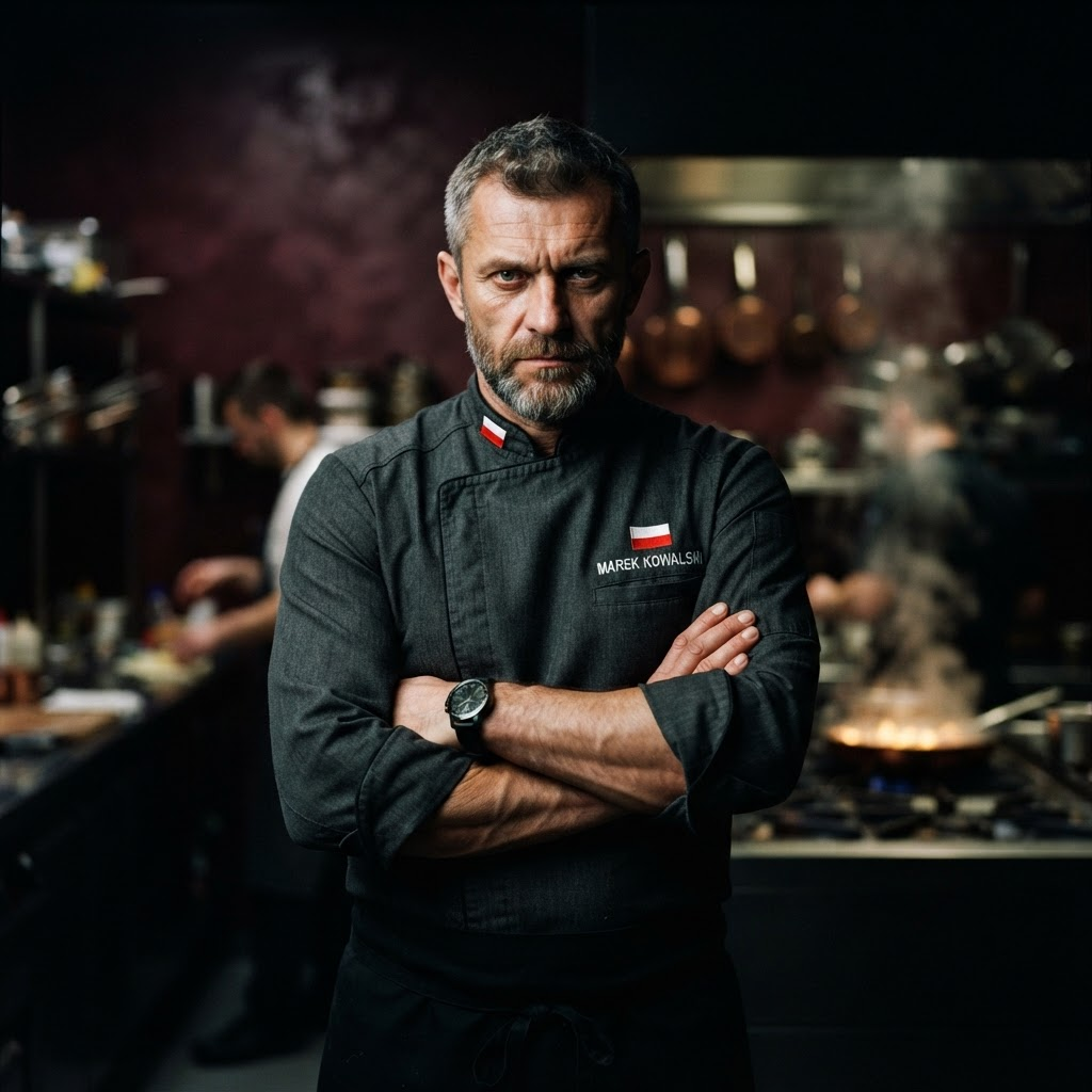 Szef kuchni restauracji Widnokrąg w ciemnym uniformie na tle burgundowej ściany